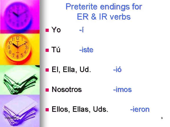 Preterite endings for ER & IR verbs 11/22/2020 n Yo -í n Tú -iste