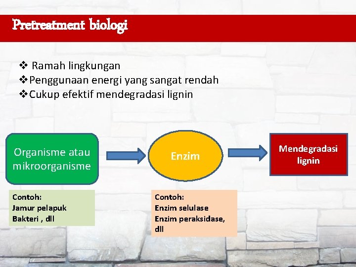 Pretreatment biologi v Ramah lingkungan v. Penggunaan energi yang sangat rendah v. Cukup efektif