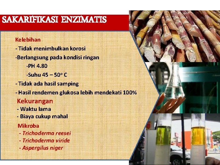 SAKARIFIKASI ENZIMATIS Kelebihan - Tidak menimbulkan korosi -Berlangsung pada kondisi ringan -PH 4. 80