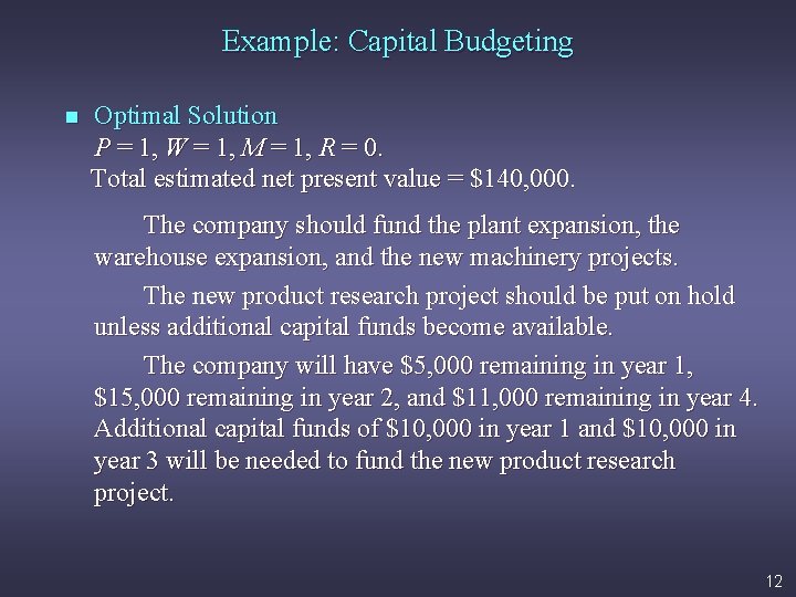 Example: Capital Budgeting Optimal Solution P = 1, W = 1, M = 1,