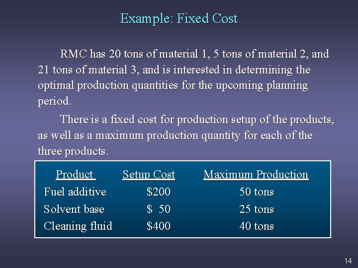 Example: Fixed Cost RMC has 20 tons of material 1, 5 tons of material