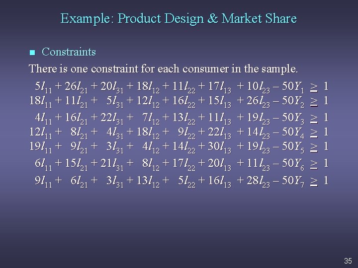 Example: Product Design & Market Share n Constraints There is one constraint for each