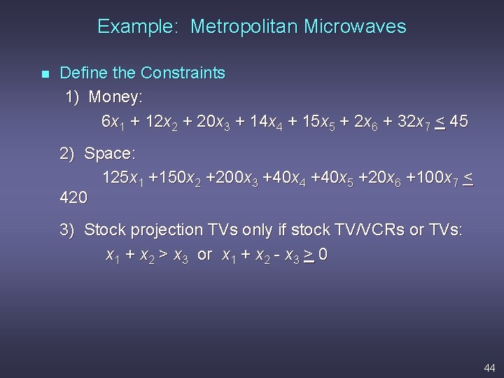 Example: Metropolitan Microwaves n Define the Constraints 1) Money: 6 x 1 + 12