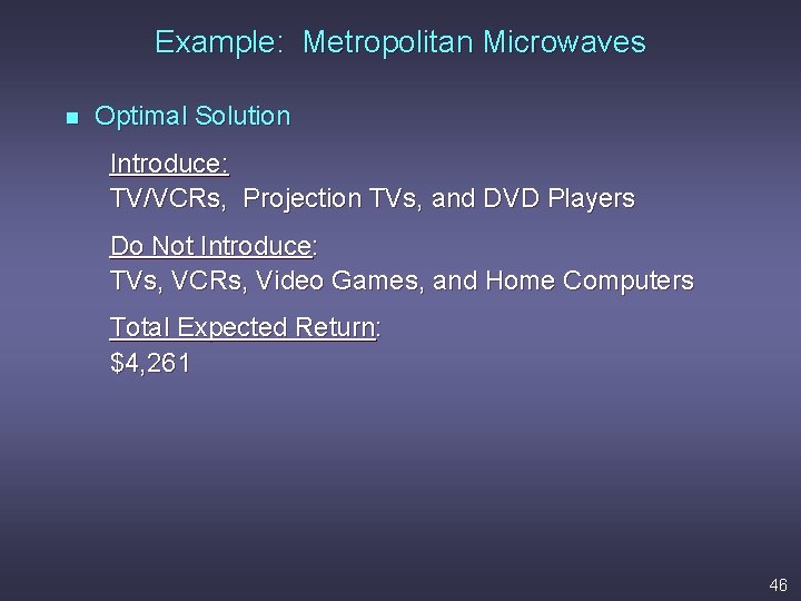 Example: Metropolitan Microwaves n Optimal Solution Introduce: TV/VCRs, Projection TVs, and DVD Players Do