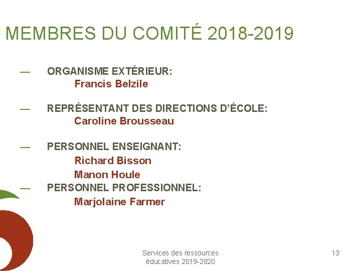 MEMBRES DU COMITÉ 2018 -2019 — ORGANISME EXTÉRIEUR: Francis Belzile — REPRÉSENTANT DES DIRECTIONS
