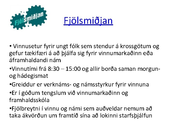 Fjölsmiðjan • Vinnusetur fyrir ungt fólk sem stendur á krossgötum og gefur tækifæri á