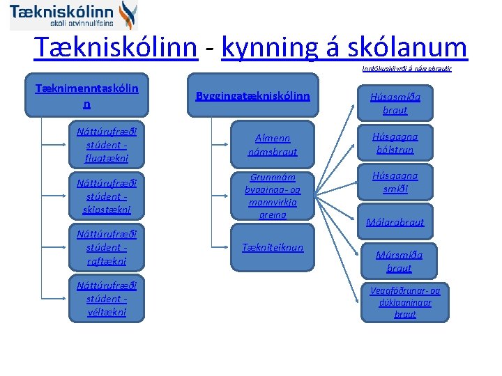 Tækniskólinn - kynning á skólanum Inntökuskilyrði á námsbrautir Tæknimenntaskólin n Byggingatækniskólinn Húsasmíða braut Náttúrufræði