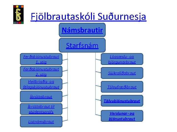 Fjölbrautaskóli Suðurnesja Námsbrautir Starfsnám Ferðaþjónustubraut 1. stig Löggæslu- og björgunarbraut Ferðaþjónustubraut 2. stig Sjúkraliðabraut