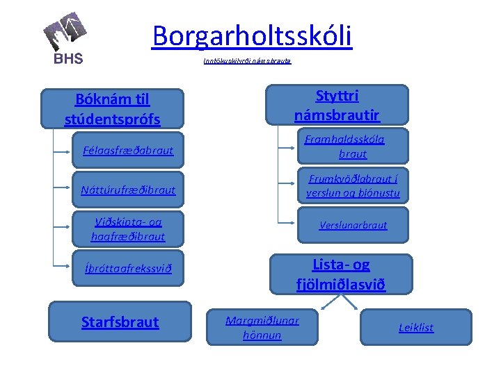 Borgarholtsskóli Inntökuskilyrði námsbrauta Bóknám til stúdentsprófs Styttri námsbrautir Félagsfræðabraut Framhaldsskóla braut Náttúrufræðibraut Frumkvöðlabraut í