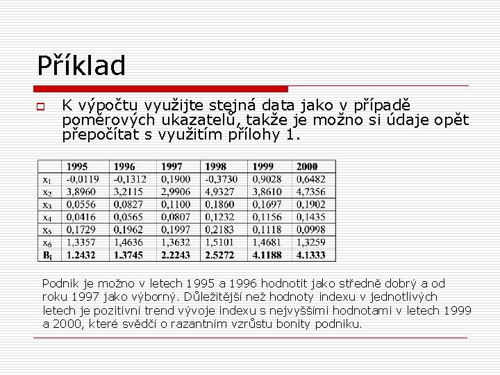 Příklad o K výpočtu využijte stejná data jako v případě poměrových ukazatelů, takže je