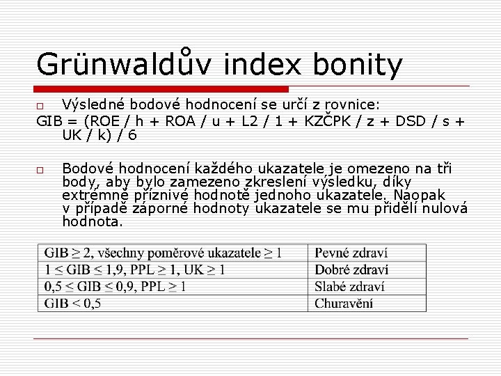 Grünwaldův index bonity Výsledné bodové hodnocení se určí z rovnice: GIB = (ROE /