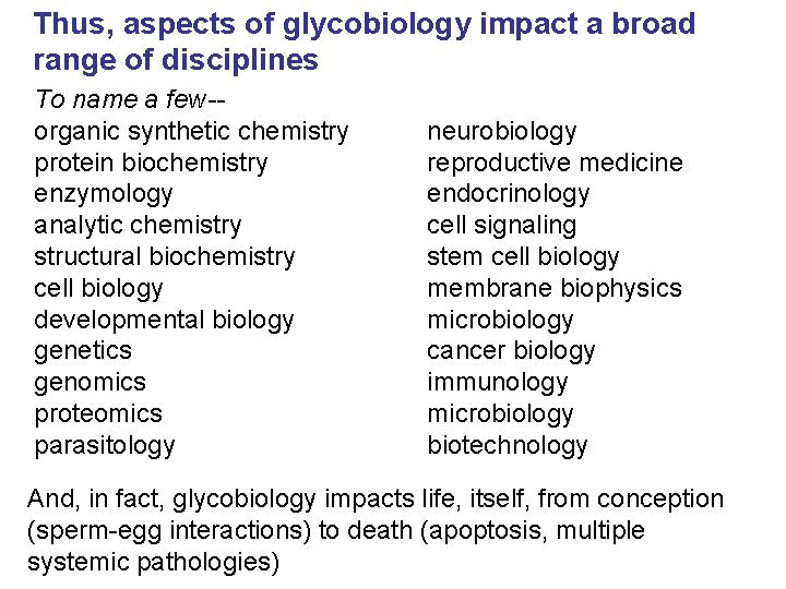 Thus, aspects of glycobiology impact a broad range of disciplines To name a few-organic