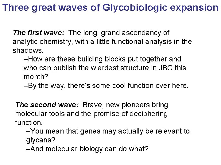Three great waves of Glycobiologic expansion The first wave: The long, grand ascendancy of