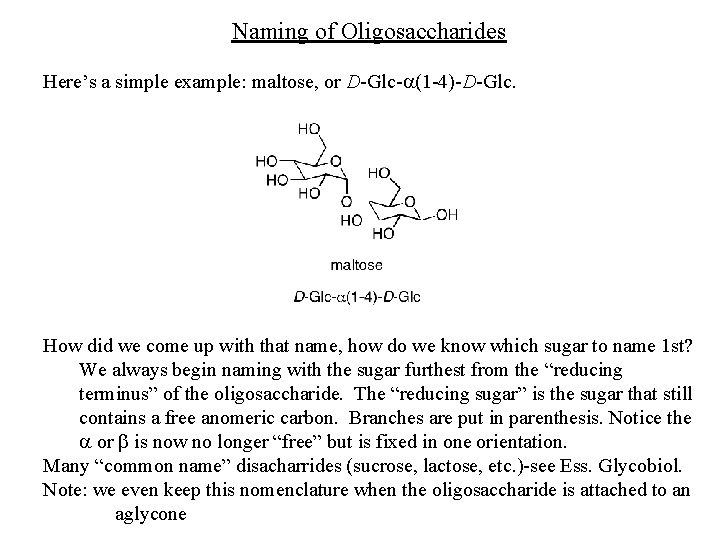 Naming of Oligosaccharides Here’s a simple example: maltose, or D-Glc-a(1 -4)-D-Glc. How did we