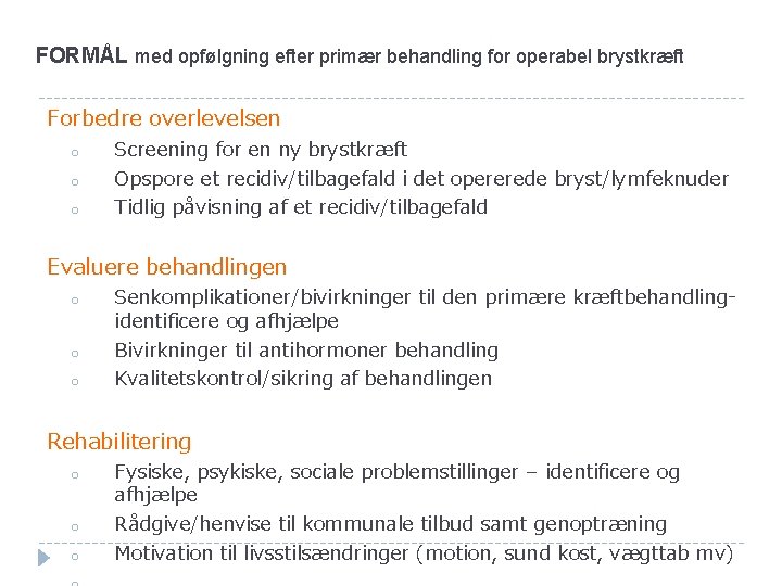 FORMÅL med opfølgning efter primær behandling for operabel brystkræft Forbedre overlevelsen o o o