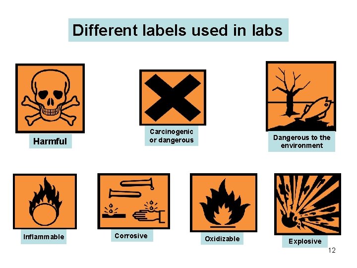 Different labels used in labs Carcinogenic or dangerous Harmful Inflammable Corrosive Dangerous to the