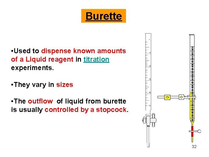 Burette • Used to dispense known amounts of a Liquid reagent in titration experiments.