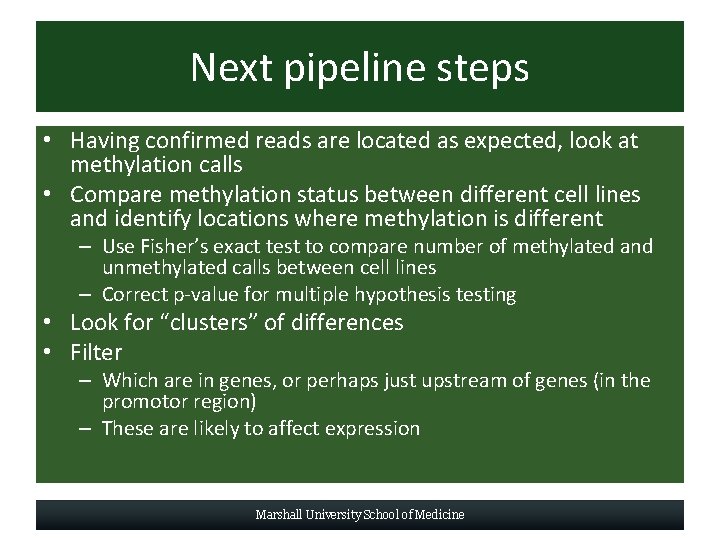 Next pipeline steps • Having confirmed reads are located as expected, look at methylation