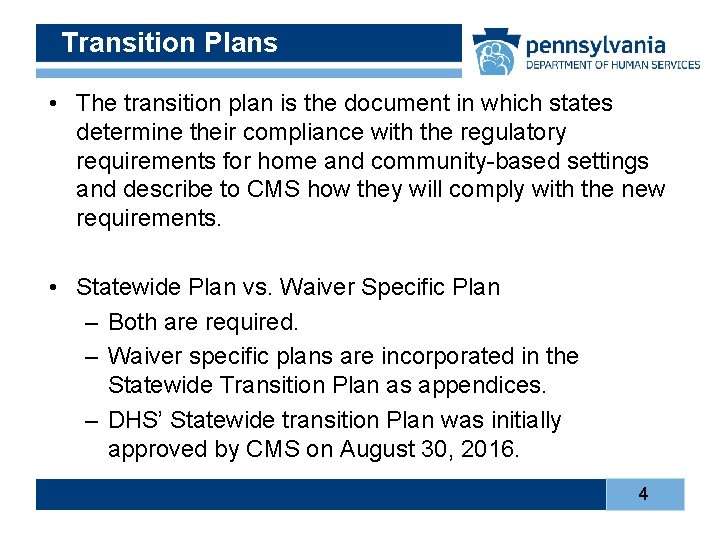 Transition Plans • The transition plan is the document in which states determine their