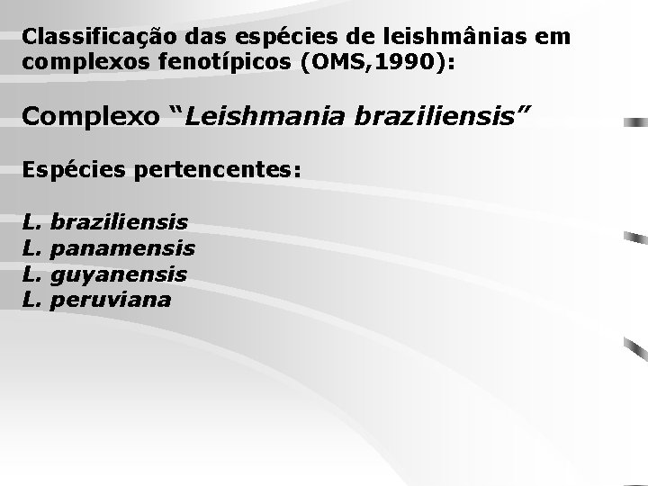 Classificação das espécies de leishmânias em complexos fenotípicos (OMS, 1990): Complexo “Leishmania braziliensis” Espécies