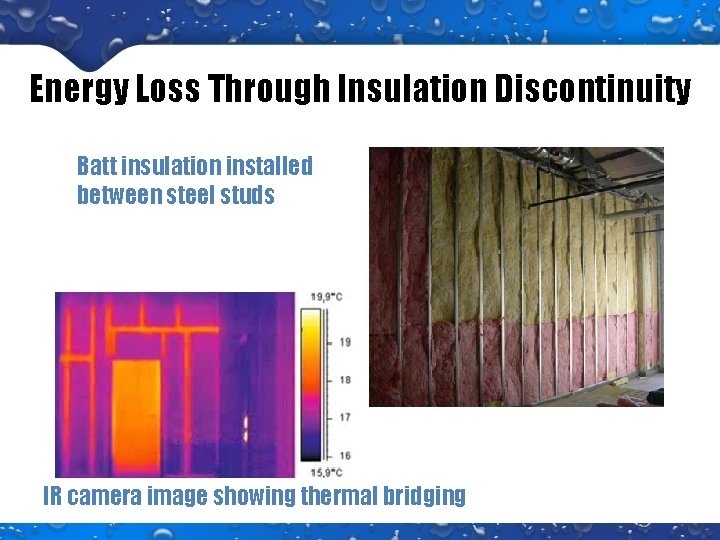 Energy Loss Through Insulation Discontinuity Batt insulation installed between steel studs IR camera image