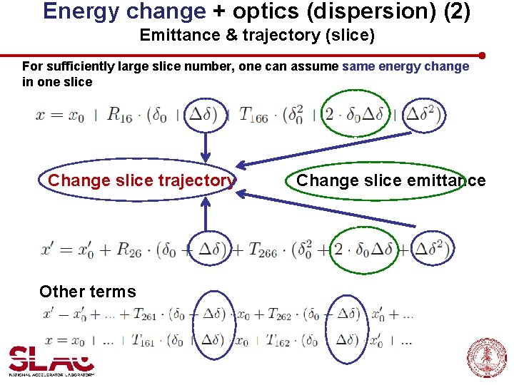 Energy change + optics (dispersion) (2) Emittance & trajectory (slice) For sufficiently large slice