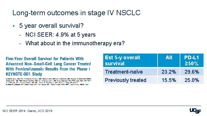 Long-term outcomes in stage IV NSCLC § 5 year overall survival? - NCI SEER: