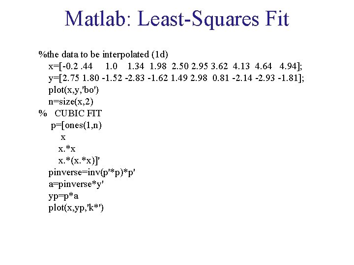 Matlab: Least-Squares Fit %the data to be interpolated (1 d) x=[-0. 2. 44 1.