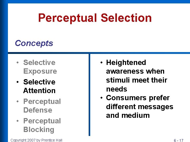 Perceptual Selection Concepts • Selective Exposure • Selective Attention • Perceptual Defense • Perceptual Perceptual Selection Concepts • Selective Exposure • Selective Attention • Perceptual Defense • Perceptual