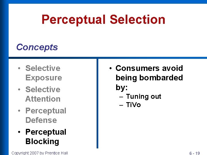 Perceptual Selection Concepts • Selective Exposure • Selective Attention • Perceptual Defense • Perceptual