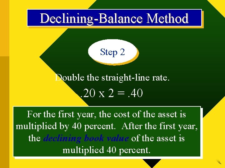 Declining-Balance Method Step 2 Double the straight-line rate. . 20 x 2 =. 40