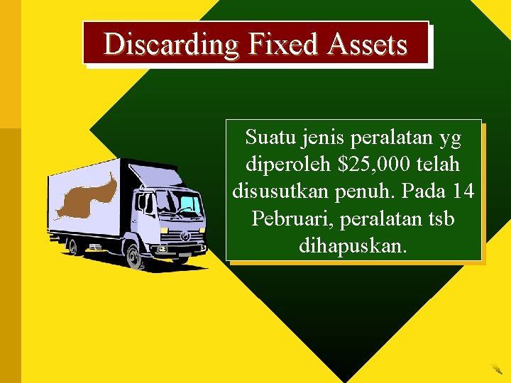 Discarding Fixed Assets Suatu jenis peralatan yg diperoleh $25, 000 telah disusutkan penuh. Pada