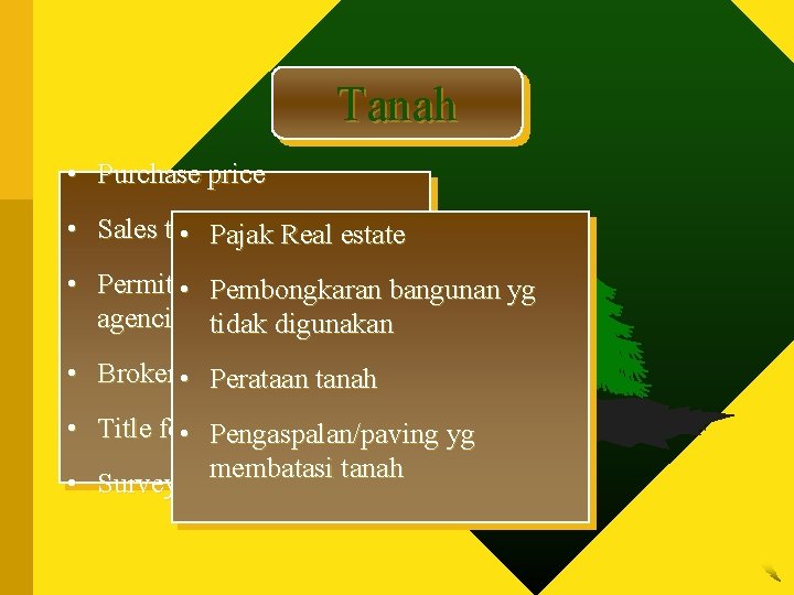 Tanah • Purchase price • Sales taxes • Pajak Real estate • Permits •