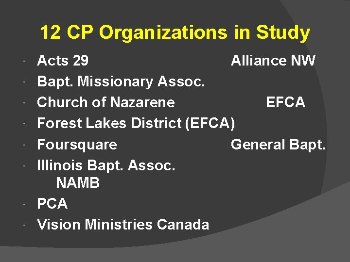 12 CP Organizations in Study Acts 29 Alliance NW Bapt. Missionary Assoc. Church of