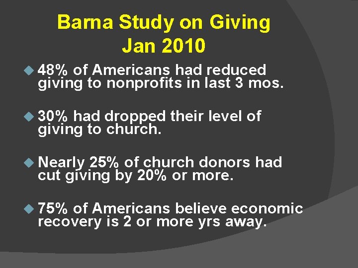 Barna Study on Giving Jan 2010 u 48% of Americans had reduced giving to