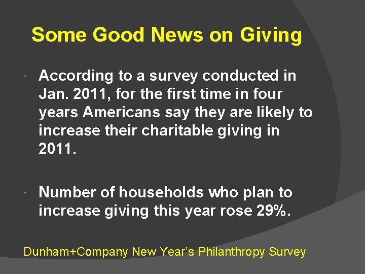 Some Good News on Giving According to a survey conducted in Jan. 2011, for