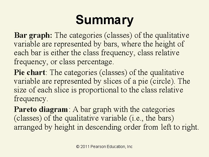 Summary Bar graph: The categories (classes) of the qualitative variable are represented by bars,