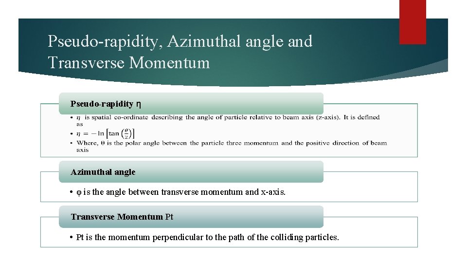 Pseudo-rapidity, Azimuthal angle and Transverse Momentum Pseudo-rapidity η • • • Azimuthal angle •