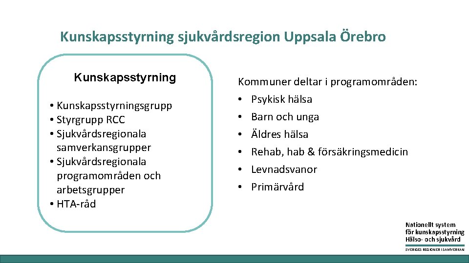 Kunskapsstyrning sjukvårdsregion Uppsala Örebro Kunskapsstyrning • Kunskapsstyrningsgrupp • Styrgrupp RCC • Sjukvårdsregionala samverkansgrupper •