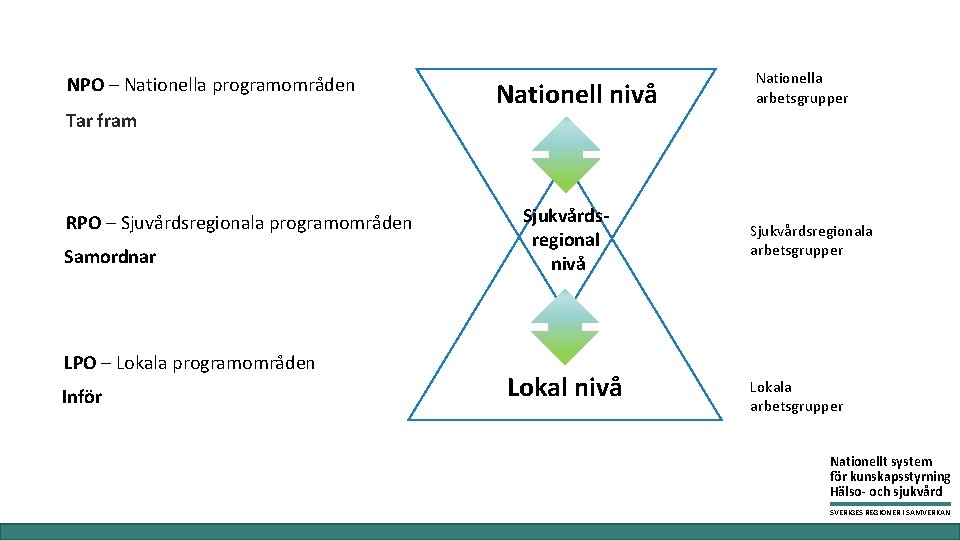 NPO – Nationella programområden Tar fram RPO – Sjuvårdsregionala programområden Samordnar LPO – Lokala