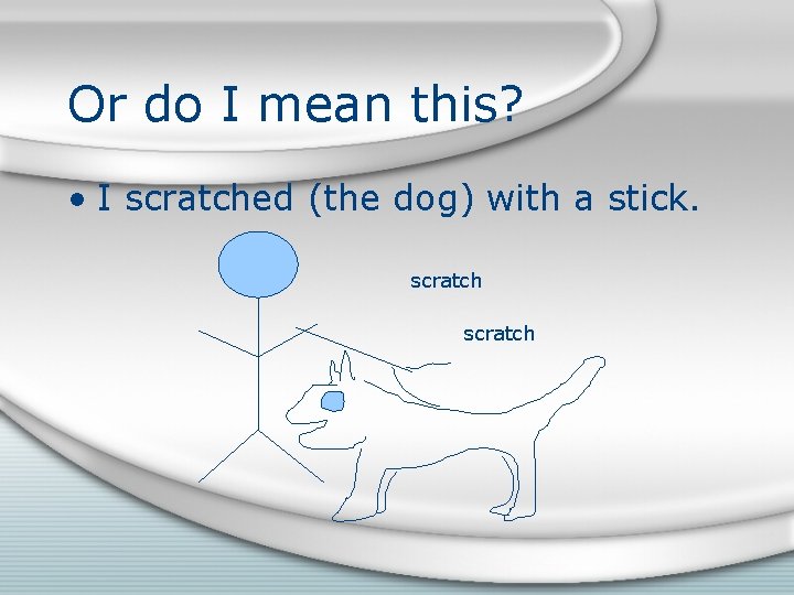Or do I mean this? • I scratched (the dog) with a stick. scratch Or do I mean this? • I scratched (the dog) with a stick. scratch