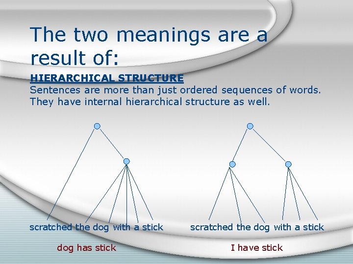The two meanings are a result of: HIERARCHICAL STRUCTURE Sentences are more than just The two meanings are a result of: HIERARCHICAL STRUCTURE Sentences are more than just