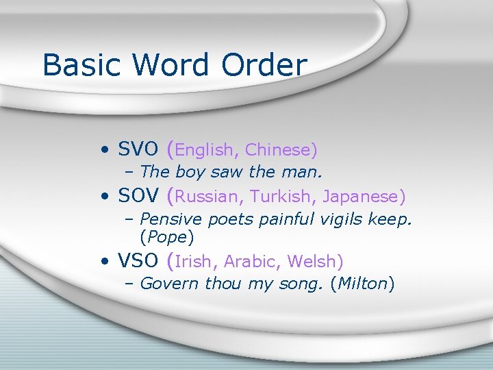 Basic Word Order • SVO (English, Chinese) – The boy saw the man. • Basic Word Order • SVO (English, Chinese) – The boy saw the man. •