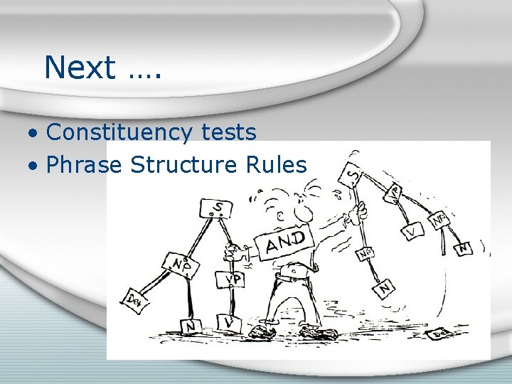 Next …. • Constituency tests • Phrase Structure Rules Next …. • Constituency tests • Phrase Structure Rules
