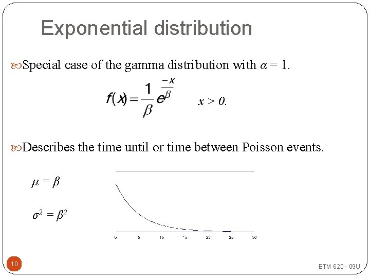 Exponential distribution Special case of the gamma distribution with α = 1. x >