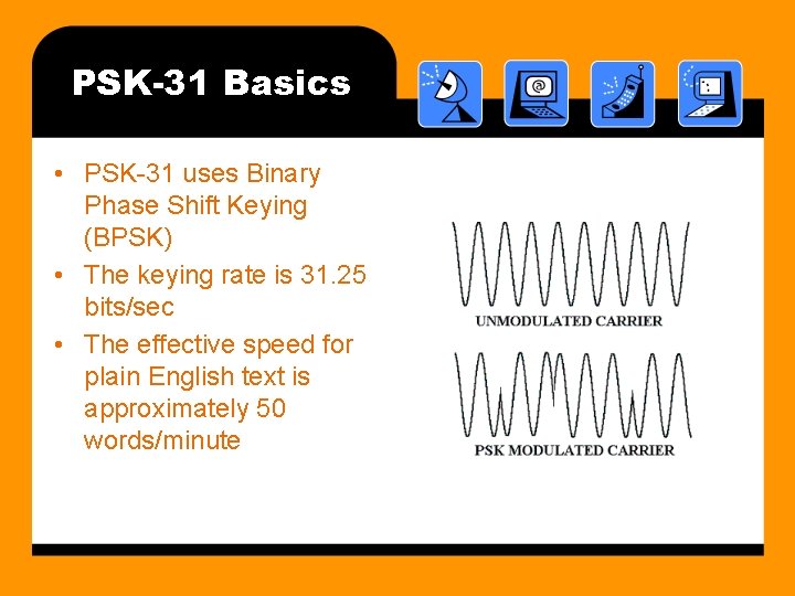 PSK-31 Basics • PSK-31 uses Binary Phase Shift Keying (BPSK) • The keying rate