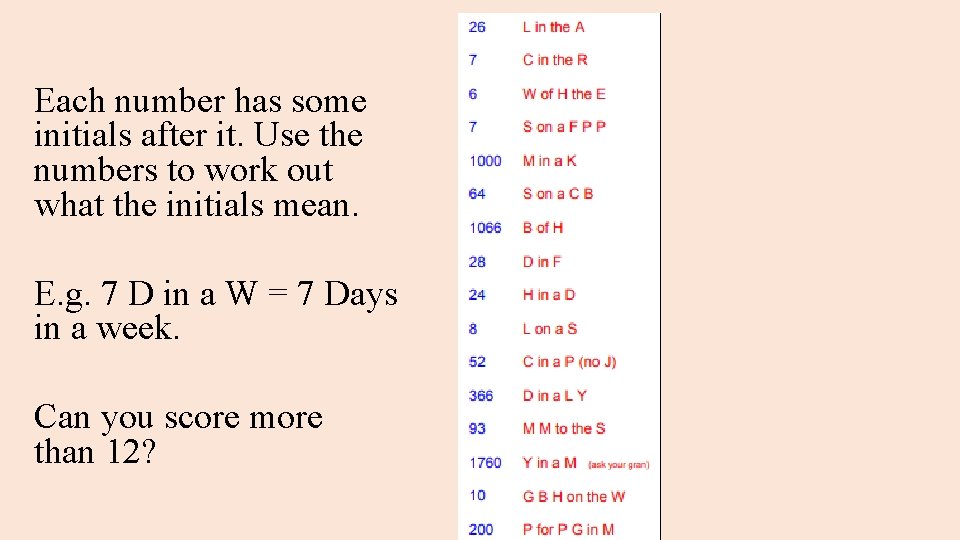 Each number has some initials after it. Use the numbers to work out what