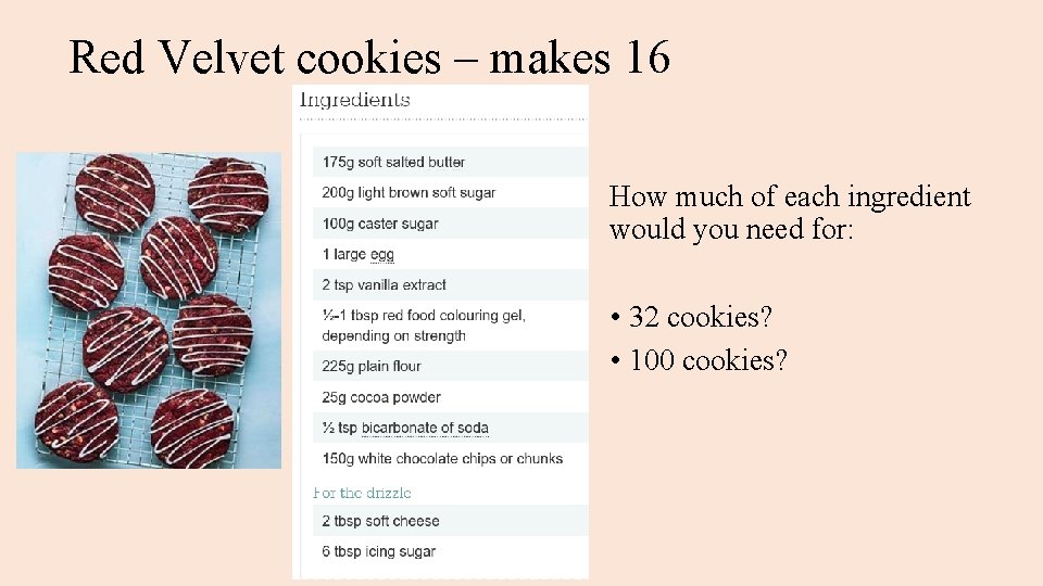 Red Velvet cookies – makes 16 How much of each ingredient would you need