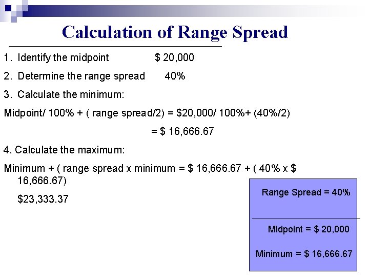 Calculation of Range Spread 1. Identify the midpoint 2. Determine the range spread $ Calculation of Range Spread 1. Identify the midpoint 2. Determine the range spread $