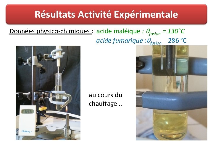 Résultats Activité Expérimentale Données physico-chimiques : acide maléique : fusion = 130°C acide fumarique